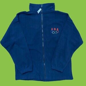 USA Vintage Olympic Navy Blue Full Zip Fleece Lightweight Jacket Men's Medium